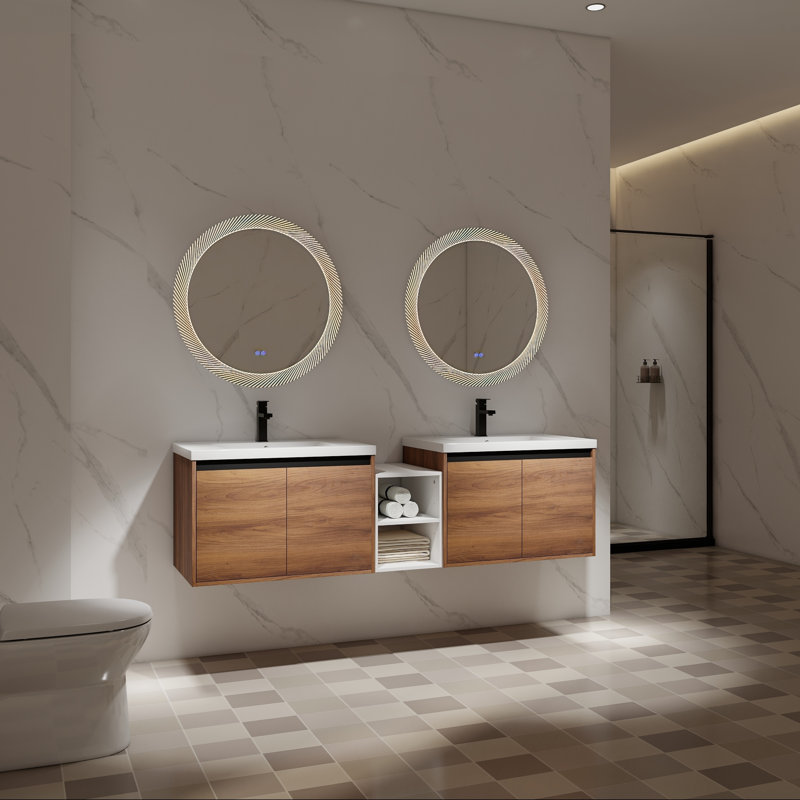 Meuble-lavabo mural avec deux lavabos en résine, une tablette et des portes à fermeture en douceur, 72"