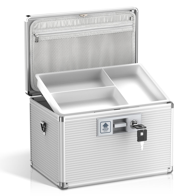 Medicine Lock Box with Key, Alluminum Alloy Box for Medication,First Aid Box with a Removeable Tray to Store Medicines & Pills for Home&Travel, Silver 12 * 7.68 * 7.87 Inch