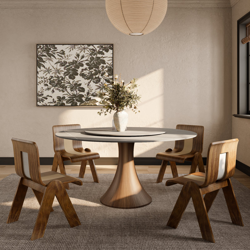 Luxury Gray Turntable Round Dining Table Solid Wood Base With Lazy Susan For 6-8, 29.52" H x 53.15" W x 53.15" D