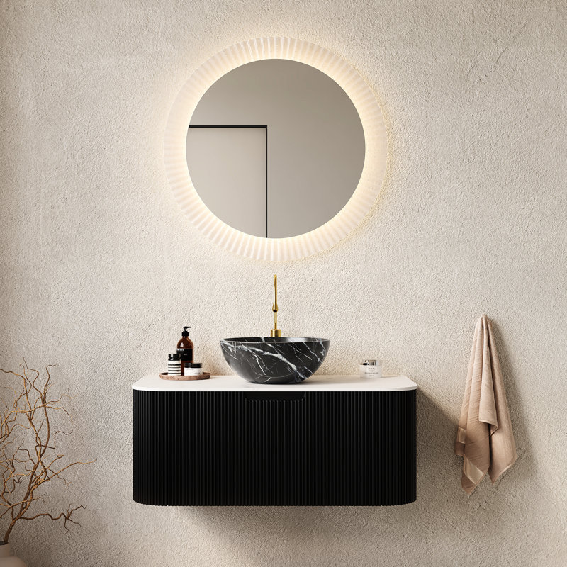 Meuble-lavabo 36 po avec lavabo, rangement flottant, cuve en céramique noire, motif pierre, pré-assemblé et blanc, finition rayée 3D, fermeture silencieuse du tiroir, comptoir, installation simple, rapide