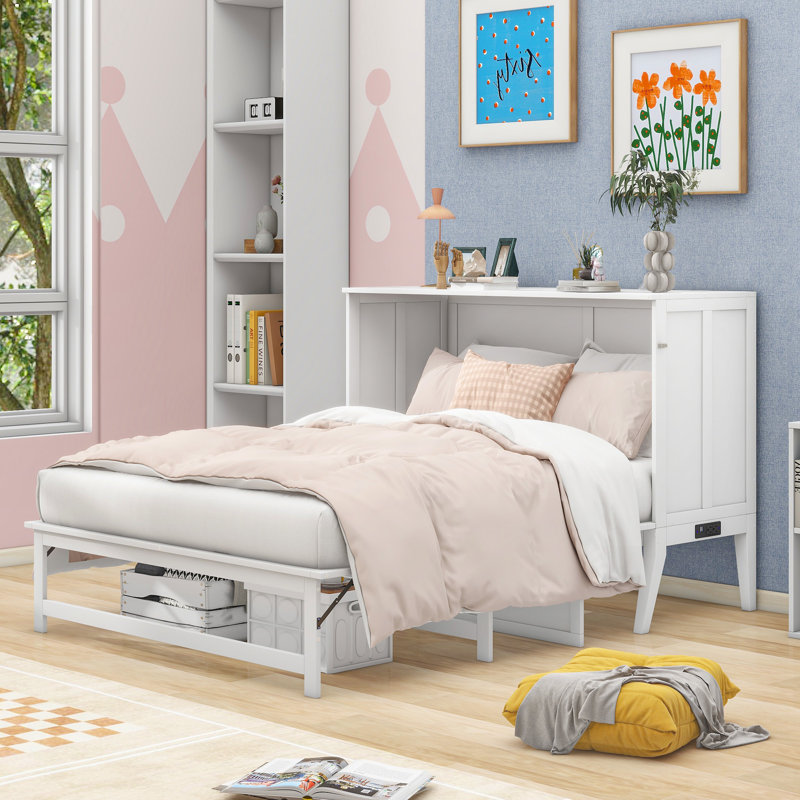 Grand lit escamotable avec station de charge USB et tablette de rangement, armoire murale peu encombrante, blanc