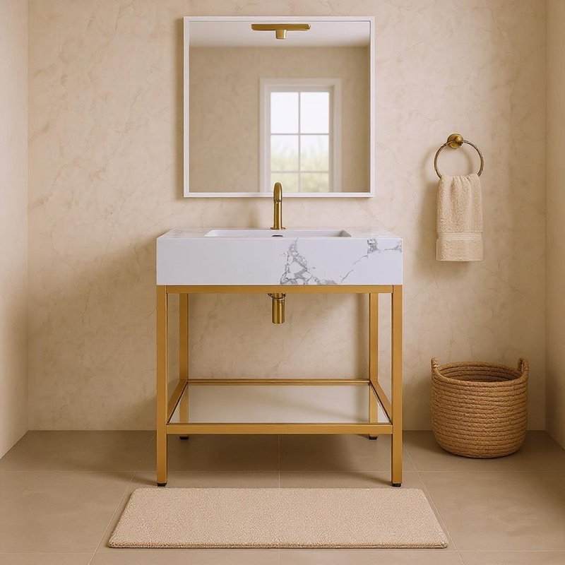 Meuble-lavabo simple 24 po Marmo, Laiton brossé, Blanc