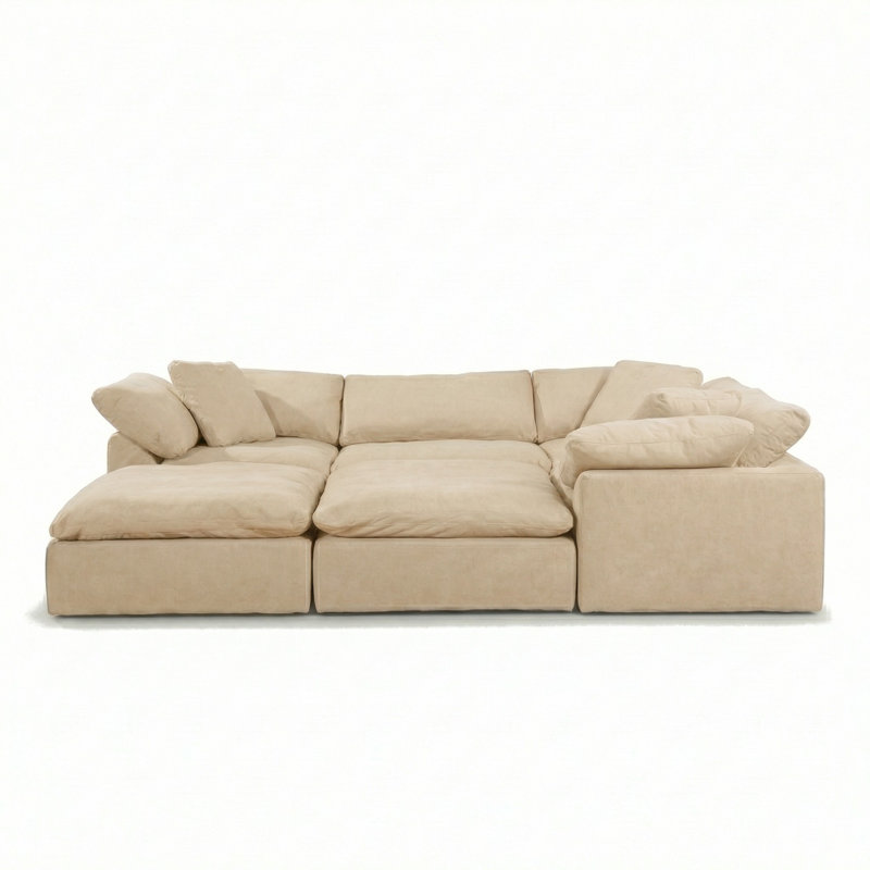 Caitlynne Cloud-Inspired 132" 6 Piece Oversized Deep Lounge Slipcovered Modular Corner Pit Sectional with 2 Ottomans | Performance Fabric Washable Water-Resistant Stain-Proof | Deep-Seating Down-Filled Couch | Plush Cushions, Modern Design