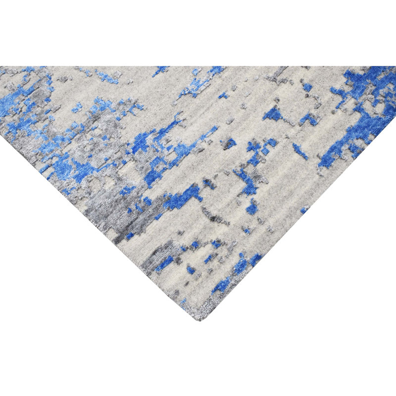 Tapis rectangulaire en laine / viscose tissé à la main en bleu / blanc / gris, Rectangle 8 pi x 10 pi