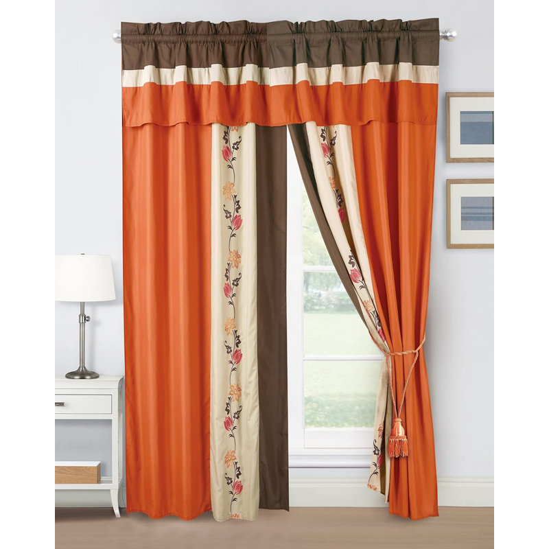 Autumn Floral Embroidery Taupe and Orange Polyester Window Curtain Set