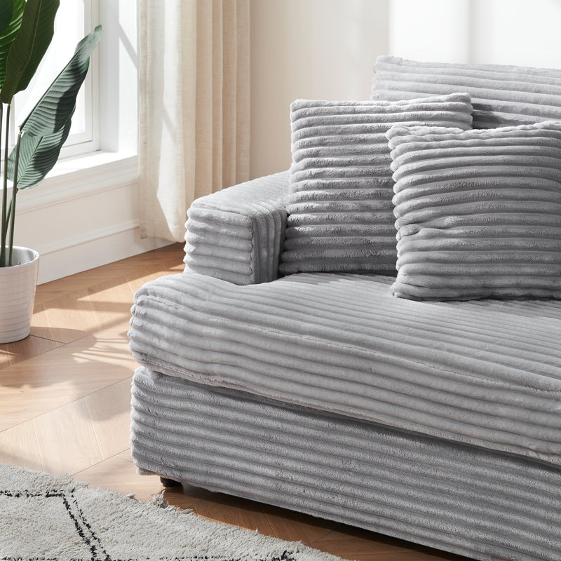 Canapé en velours 3 places avec 4 coussins décoratifs Corduroy, H 35 po x l 88,58 po x P 35 po, Velours côtelé gris