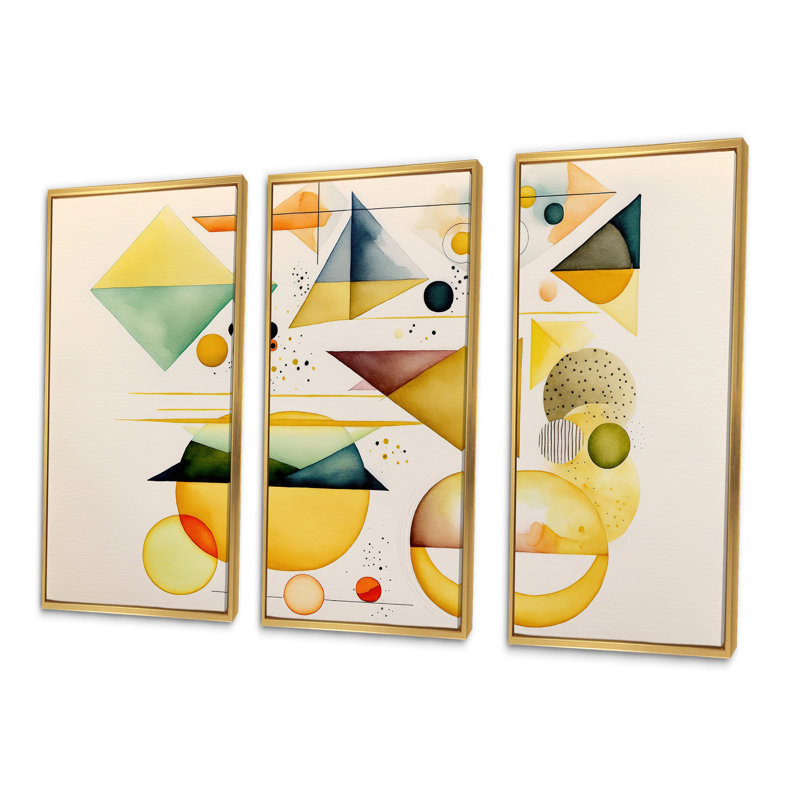 Kerri jaune à formes multiples abstraites I - impression de 3 pièces, H 28 po x l 36 po x P 1 po, Encadrement doré