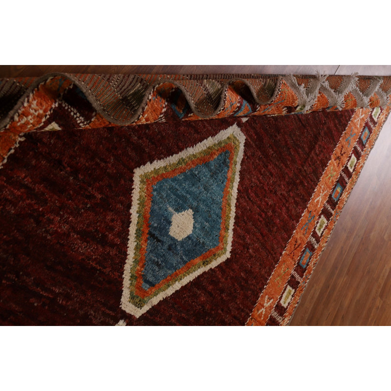 Tapis rouge / orange en laine noué à la main de conception unique 6 pi 3 po x 10 pi 3 po New Age