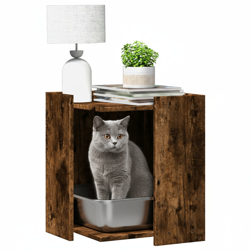 Engineered Wood Litter Box Enclosure, Smoked Oak, 51cm H x 42cm W x 42cm D