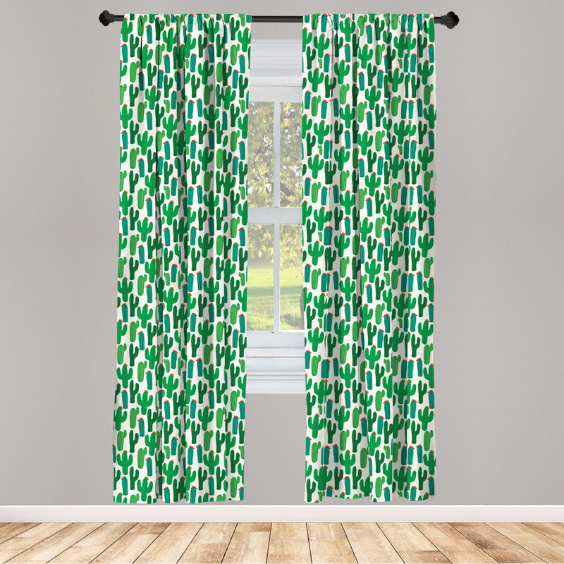 Cactus Motif Green and Red Polyester Rod Pocket Curtain Panels