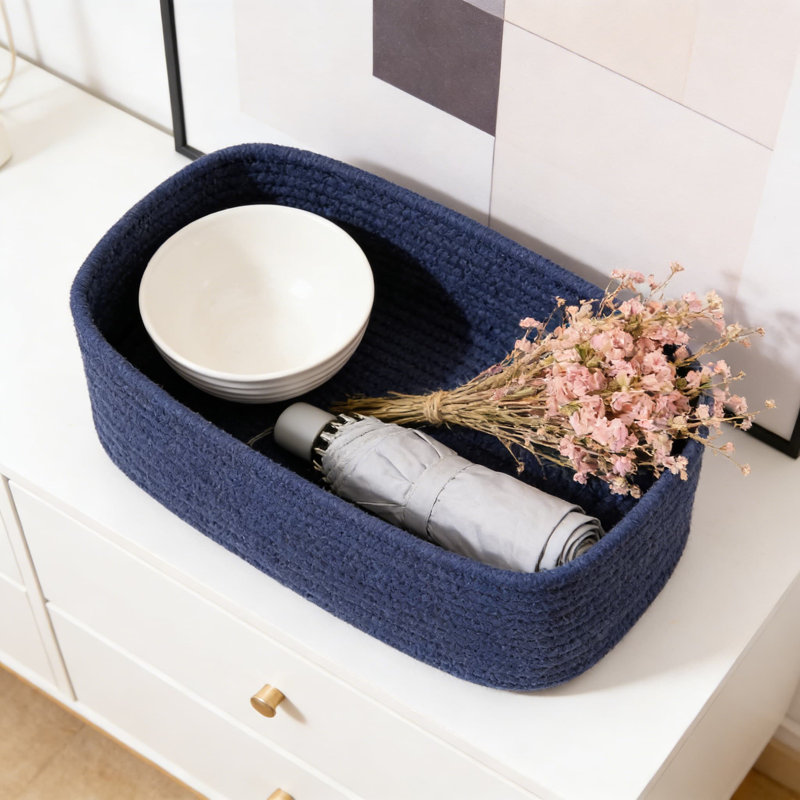 Woven Storage Baskets Set Of 4, Handwoven Cotton Rope Organizer Bins For Shelves, Closet, Desk, And Toy Storage, Decorative Rectangular Baskets For Home Organization
