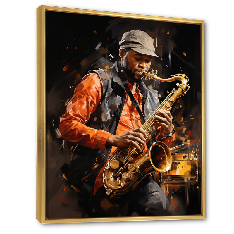 Yeraldin, musique, saxophone, mélodie, chaud, H 32 po x l 24 po x P 1 po, Cadre flottant doré