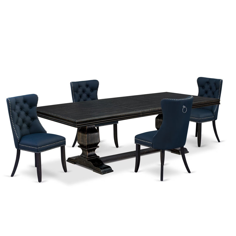 Cet ensemble de table de salle à manger 5 pièces comprend une table et 4 chaises en tissu de polyester bleu marine avec dossier capitonné - finition noir sablé.