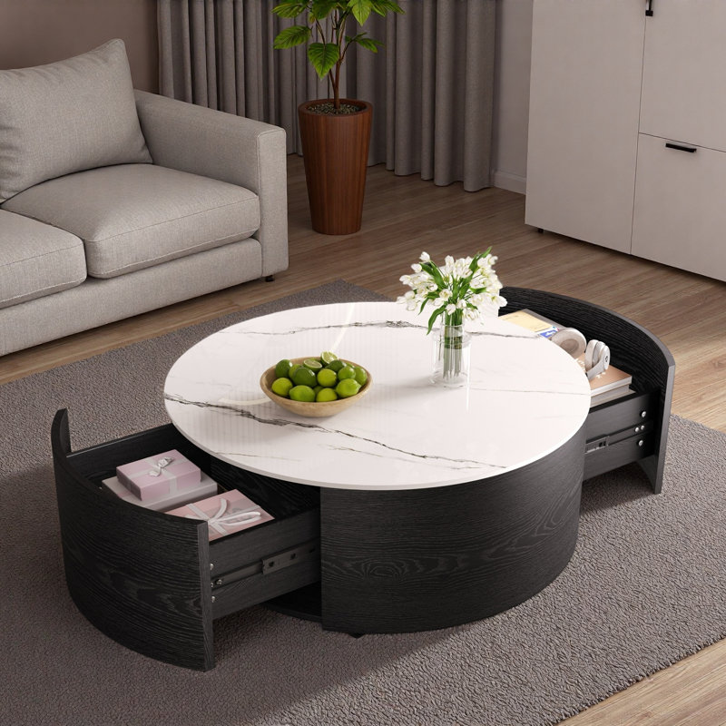 Table basse moderne et mobile avec roulettes, 2 tiroirs et plateau en marbre fritté, Noir