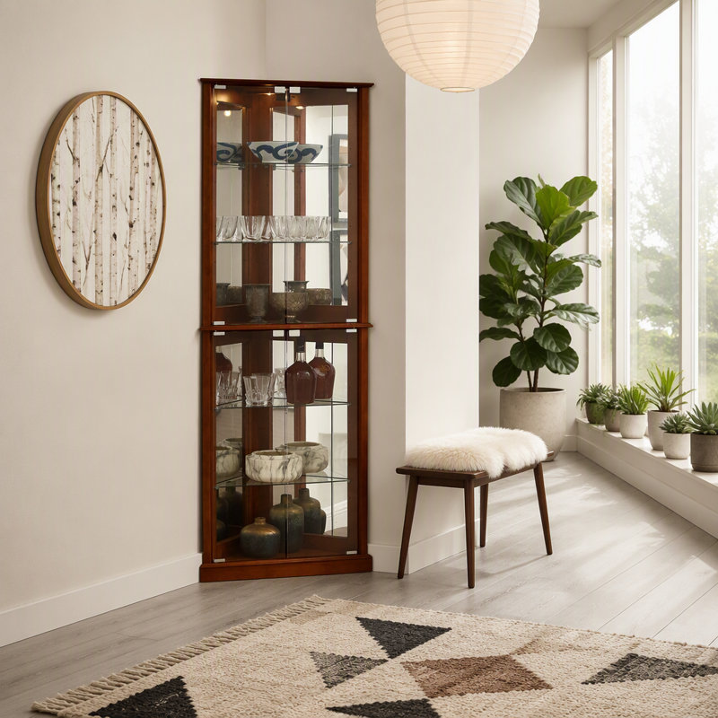 Armoire de coin avec lumières, tablettes réglables en verre trempé, dossier miroir