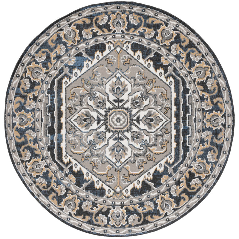 Tapis oriental gris en jute / sisal / polypropylène tissé à la machine Keresa, Rond 6 pi 7 po