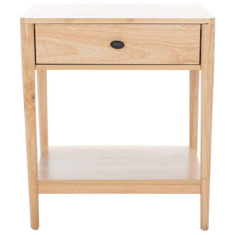 Natural Rubberwood 1-Drawer Nightstand with Graduated Legs