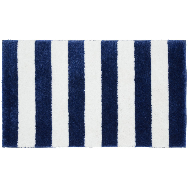 Ronning Beach Stripe Nylon and Polyester Bath Rug with Non-Slip Backing, Indigo Blue/White
