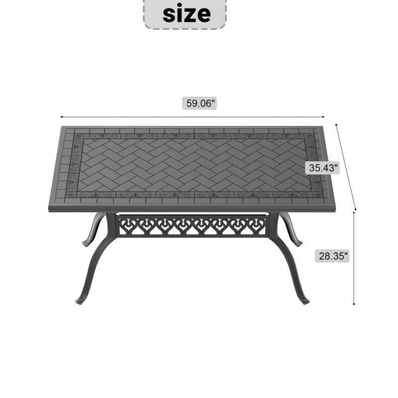 L 59,05 po x l 35,43 po, table de salle à manger en aluminium coulé avec cadre noir et texture sculptée sur le plateau de table