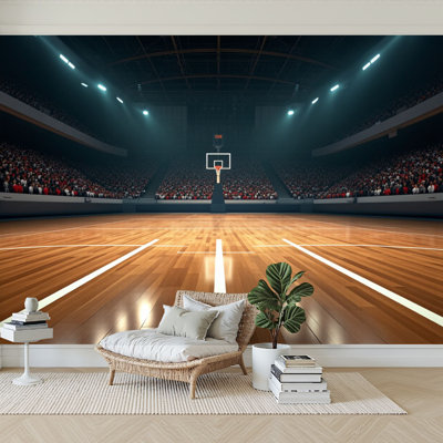 Peel and Stick Wallpaper 96" W x 69" H Modern Self Adhesive Wall Mural for Bedroom Empty Basketball Stadium Hoop Sports Court Playground Under Light