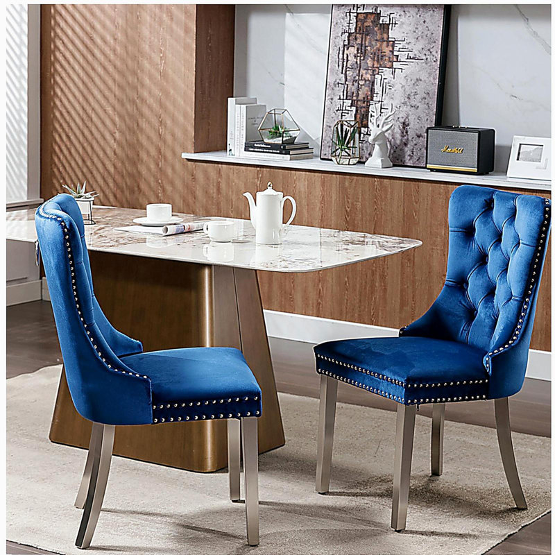 Tufted Solid Wood Contemporary Velvet Upholstered Dining Chair with Chrome Stainless Steel Plating Legs,Nailhead Trim,Set of 2