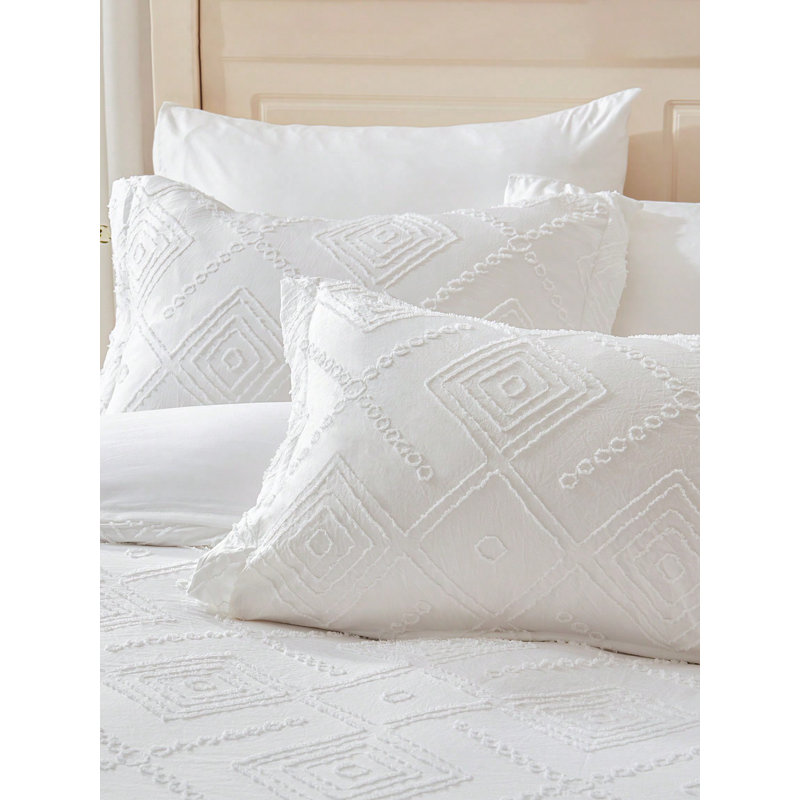 Ensemble de housse de couette Boho EMME, Housse de couette simple + 1 taie décorative stan, Blanc géométrique