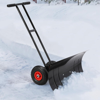 Heavy Duty Rolling Snow Shovel with Wheels – 29x16.5" Carbon Steel Blade, 5-Position Angled & Adjustable Height Handle, Ergonomic Metal Snow Plow for Driveway, Sidewalk, Pavement (74x42cm)