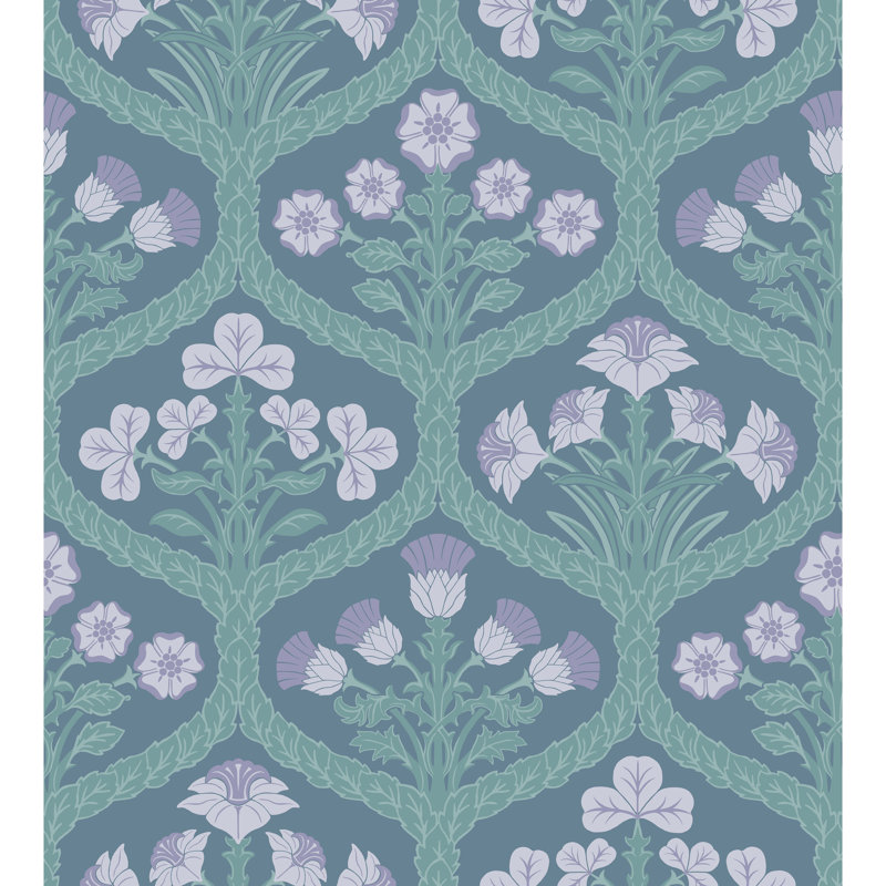 Floral Wallpaper Roll, Lilac/Teal/Denim