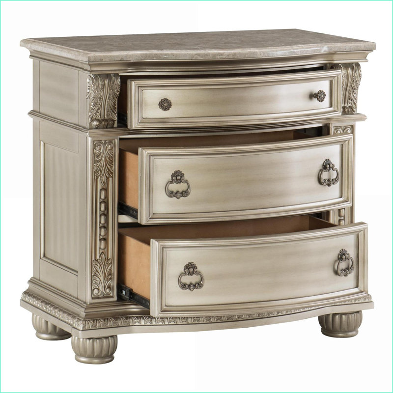 Table de chevet traditionnelle argentée avec dessus en marbre véritable 3 tiroirs