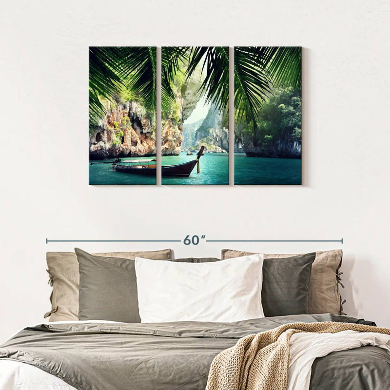 Thailande, bateau long, 3 pièces, H 28 po x l 45 po x P 1,25 po