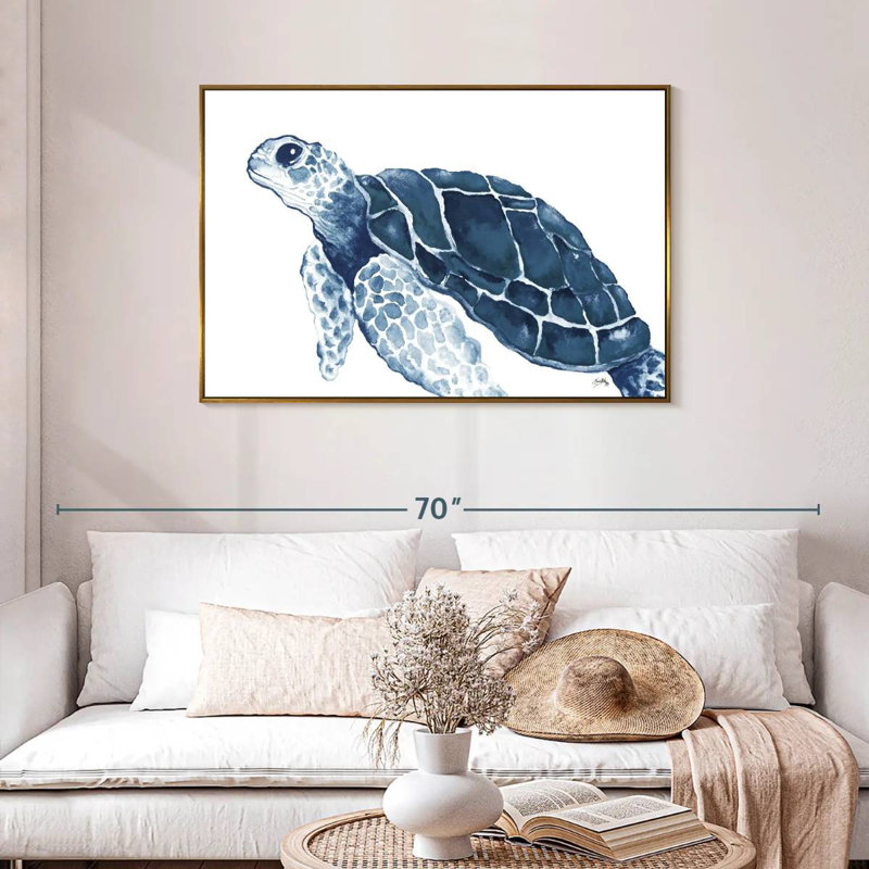 Tortue dans les bleus, Cadre flottant doré, 43 po x 29 po