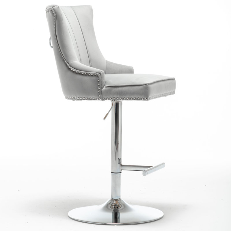 Able Swivel Upholstered and Velvet Adjustable Height Bar Stool with Stainless Steel Frame, Light Grey