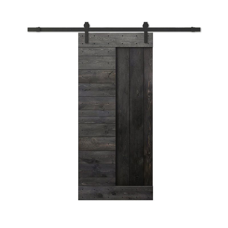 Porte de grange à panneaux et en bois avec quincaillerie d'installation, 42 po x 84 po, Noir anthracite