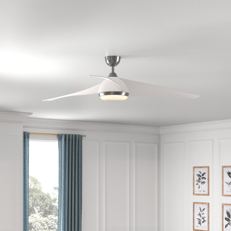 Huntingdon 52 in. Brushed Nickel and Matte White Indoor Rod Mount Contemporary Ceiling Fan with Matte White Blades, Dimmable Integrated LED Light Kit and Remote Control, 3 Speeds, White Frosted Glass Shade