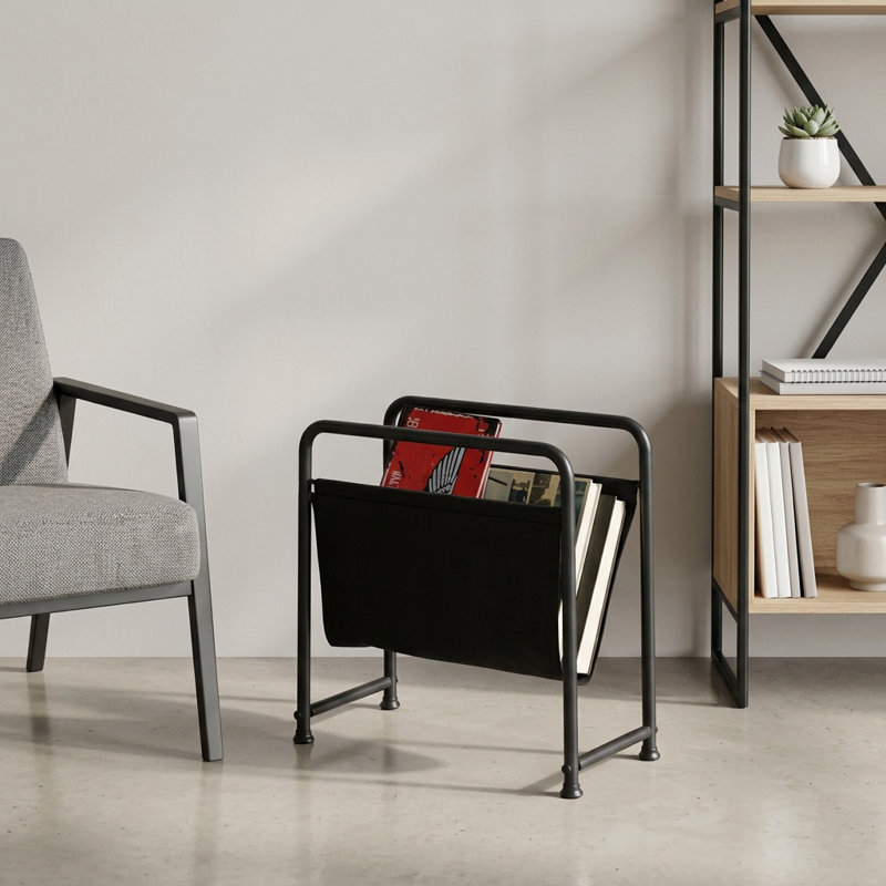 Porte-revues moderne en métal et similicuir - Organisateur minimaliste noir et brun pour décor industriel
