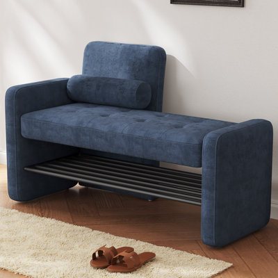 40.94" Navy Blue Upholstered Shoe Storage Bench with Adjustable Backrest, 2-Tier Entryway Cabinet Ottoman, Bedroom Stool with Cushion, Narrow Hallway