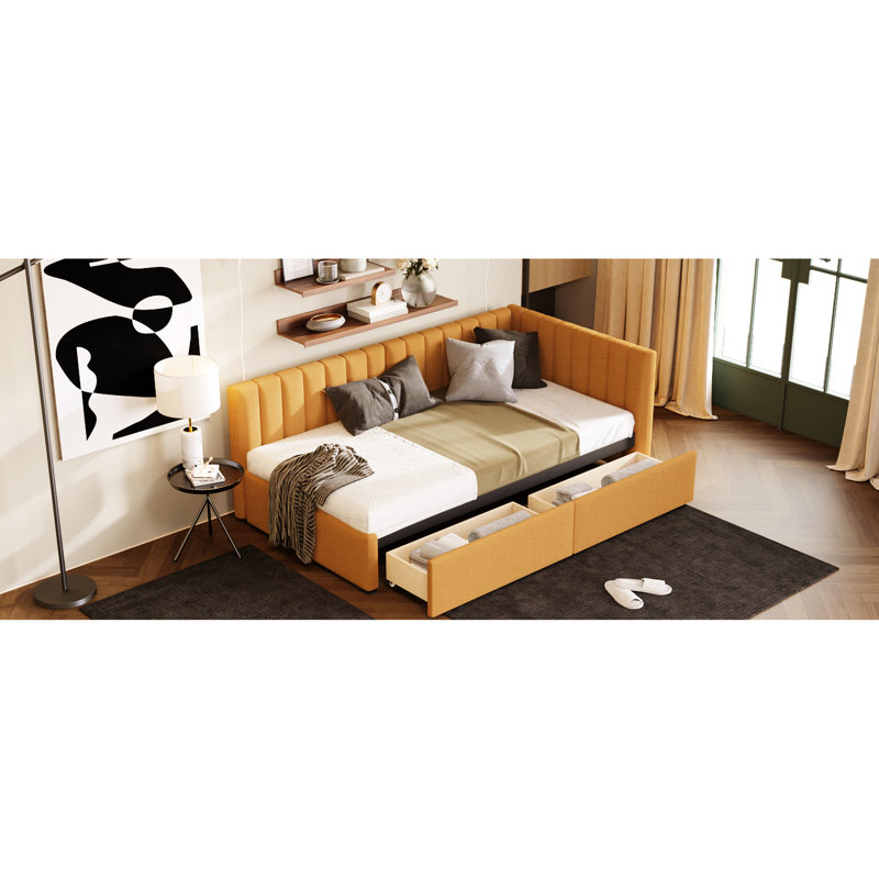 Lit de jour rembourré en lin jaune avec 2 boîtes de rangement - cadre de lit, aucun sommier requis pour une chambre pratique