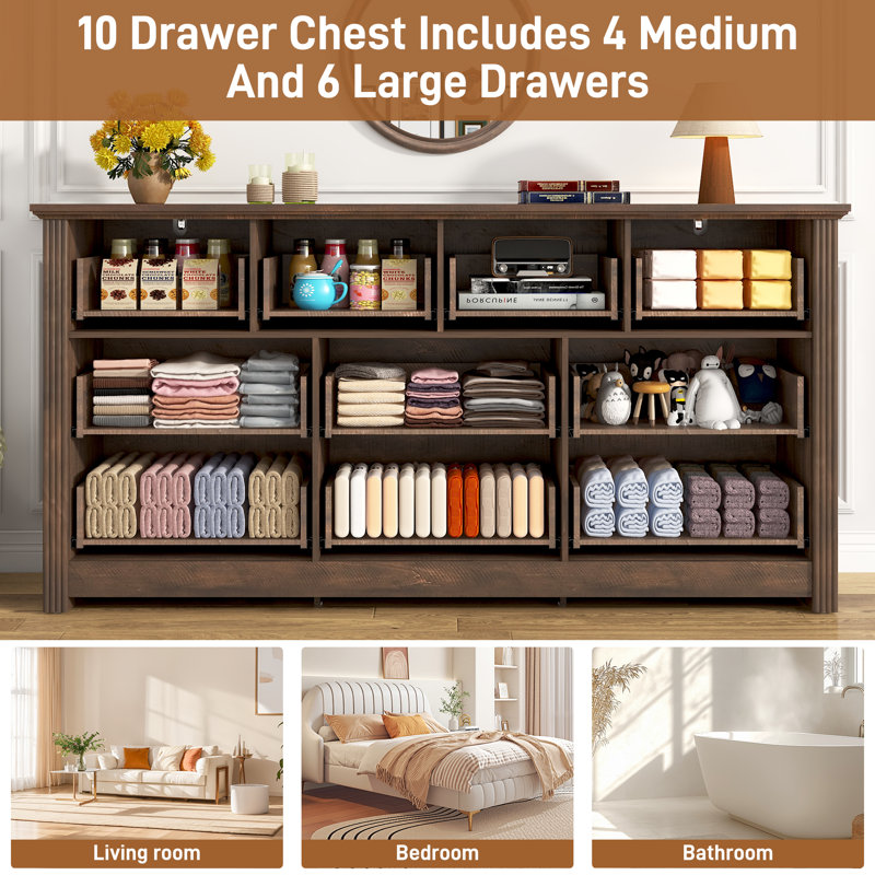 Dreonna Farmhouse 10 Drawers Dresser, 63''Rustic Chest Of Drawers For Living Room, Hallway, Bedroom