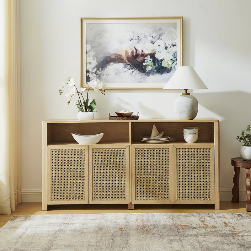 Buffet 63 po Mid-Century Modern Rattan Buffet Buffet avec rangement, crédence de bar à vin Retro Coffee Bar, grande console média pour salon / vestibule / cuisine
