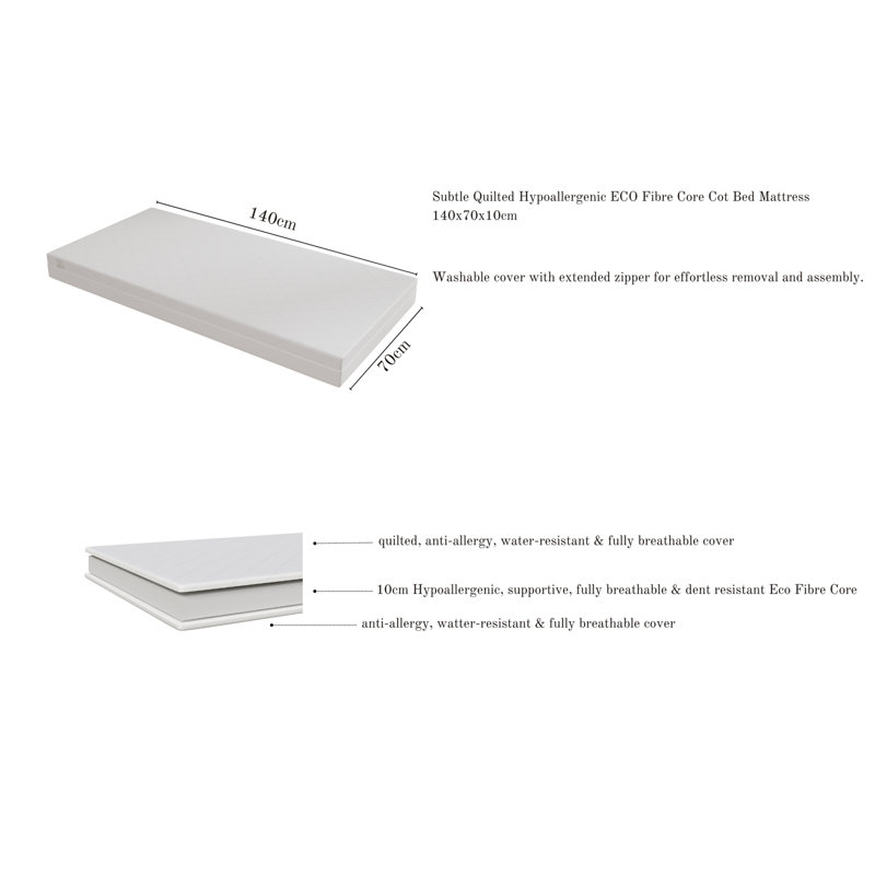 Subtle Hypoallergenic ECO Fibre Core 140x70x10cm Cot Bed Mattress
