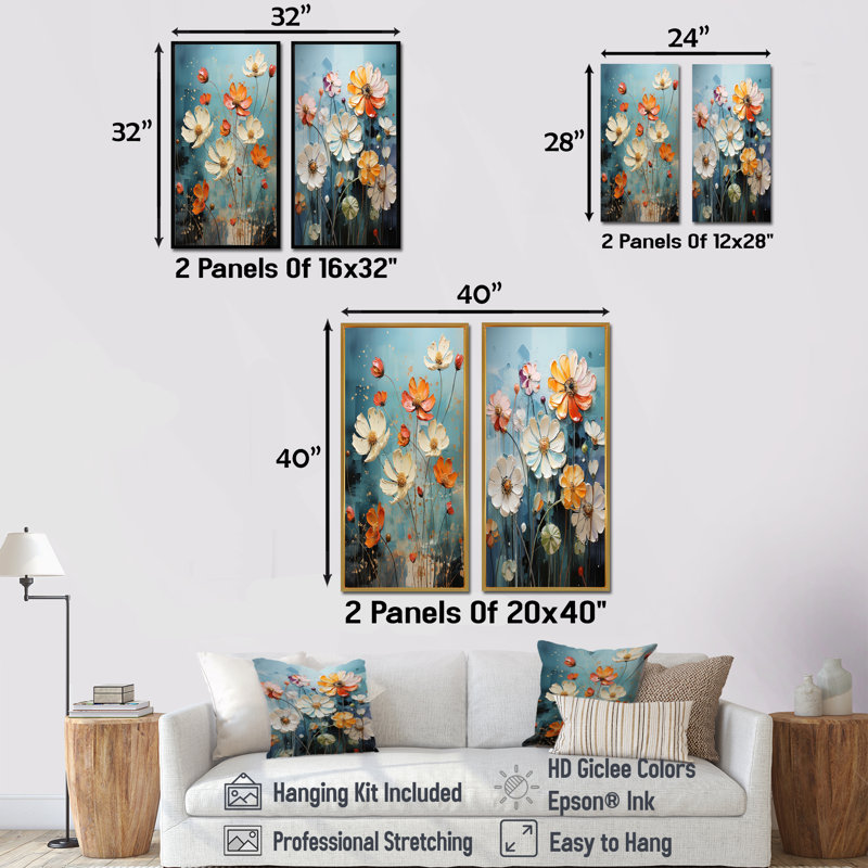 Ensemble de salon art mural bleu et orange Zinnias - Zinnias, Toile tendue, H 28 po x l 25 po