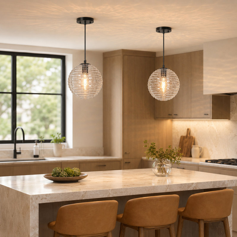 Luminaire suspendu 1 lumière à intensité variable avec globe en verre nervuré pour salle à manger (ensemble de 2)