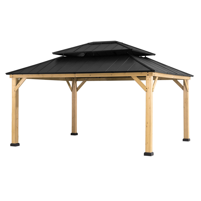 Sunjoy 13 x 15 ft. Wood Gazebo Cedar Framed Gazebos with Black Double Steel Hardtop Roof for Garden,Backyard Shade