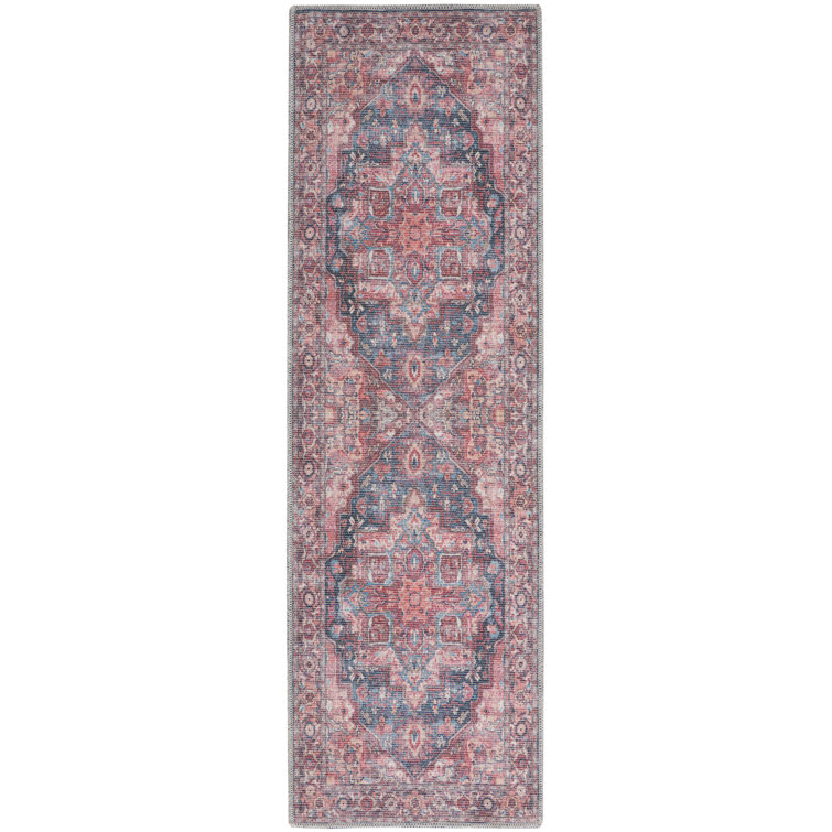 Machine Washable Oriental Blue/Brick Red Area Rug