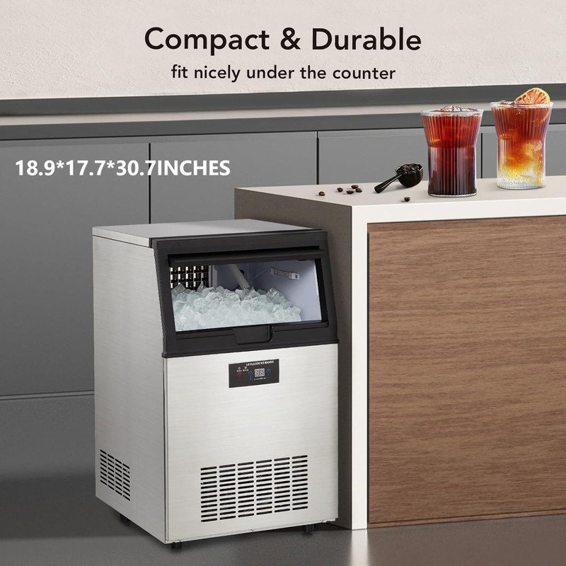 Machine à glaçons autoportante commerciale - 90 lb / 24 heures, 30 lb de rangement, sous le comptoir en acier inoxydable