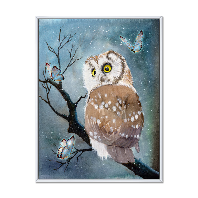 Une chouette avec des plumes brunes claires et des taches blanches - peinture sur toile, Toile à cadre flottant blanc