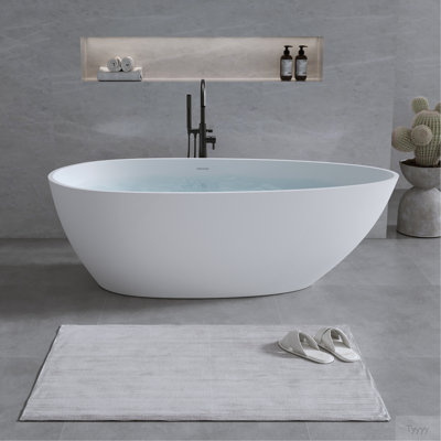 59'' Solid Surface Matte Tub, Freestanding Solid Surface Resin Stone Bathtub, Solid Surface Matte White Soaking Tub,Free Standing Tub With Overflow And Pop-Up Drain, Matte White