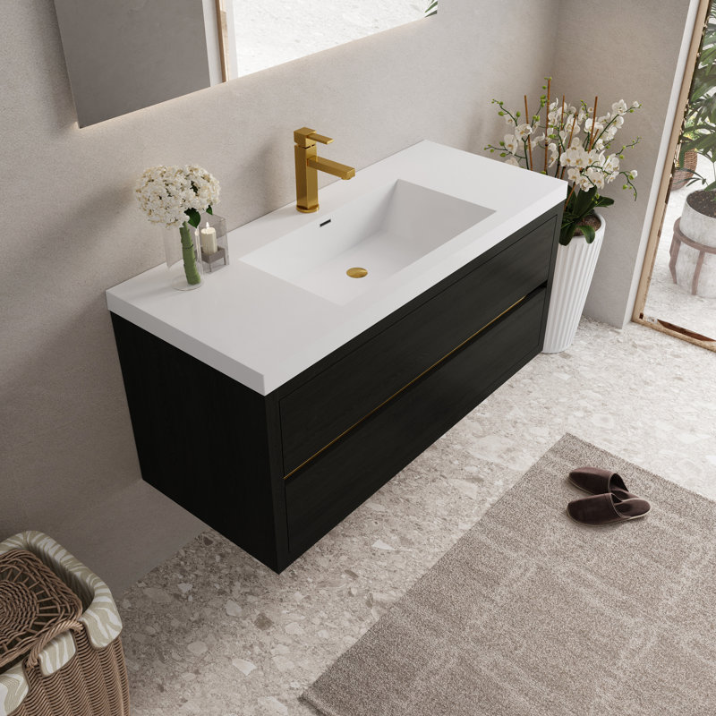 Meuble-lavabo flottant mural de 48 po avec lavabo, comptoir en résine de pierre, bois, tiroirs à fermeture en douceur préassemblés, maximise le rangement dans la salle de bain, utilisation sécuritaire du tiroir
