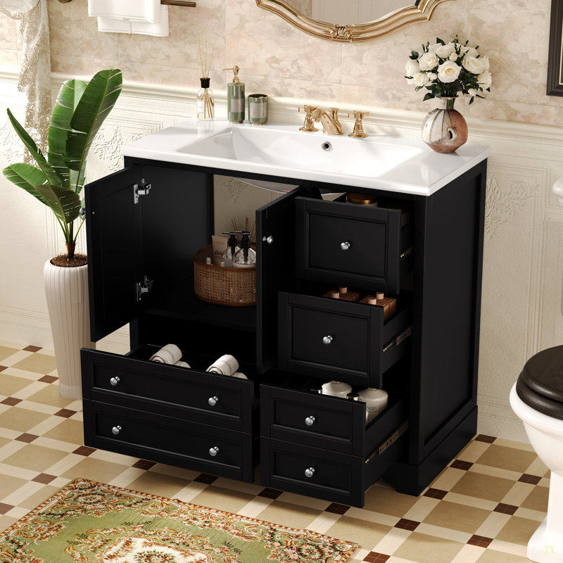 36Inch Bathroom Vanity With Sink, Solid Wood Freestanding Bathroom Vanities With 4 Storage Drawers And Shelf, Soft Closing Doors