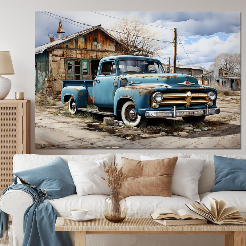 «Blue Pickup Truck Roadside Nostalgia», impressions sur toile transport